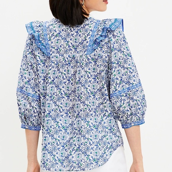 LOFT Ruffle Bib Tie Neck Blouse - Blue - SP - Picture 2 of 10